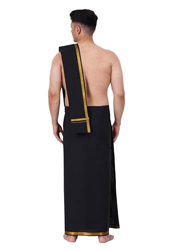 Image of PRAKASAM COTTON Mens Colour Jari Cotton dhoti and Angavastram Set (1.30X2.00 Meter Dhoti, 36X1.80 towel)