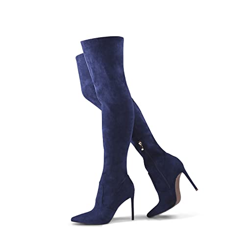 Elisabet Tang Women Over The Knee Boots,Sexy 4.3 inch Stiletto High Heel Stretch Suede Thigh Long Boots Pointed Toe Over The Knee Booties Navy Blue Suede Size 11