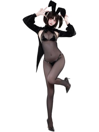 [SENMHS] バニーガール コスプレ セクシー PUレザー ハイレグ レオタード 誘惑 過激 ブラック うさぎ耳 5点セット［カチューシャ・テイルコート・ビキニ・タイツ・ 蝶ネクタイ］ レディース ワンサイズ 仮装 コスチュームのサムネイル