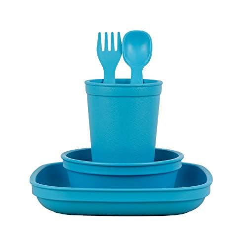 Re-Play Kids Dinnerware Set - 10 oz. Open Cup, 7" Flat Plate, 12 Oz. Bowl, Rounded Tip Fork and Deep Scoop Spoon - Dishwasher/Microwave Safe - Made in