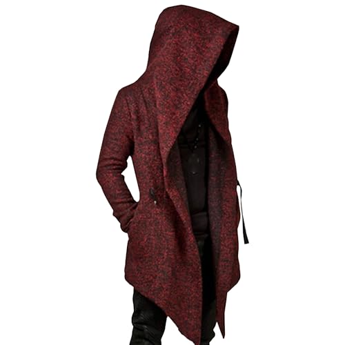 Men's Long Hooded Cardigan Fashion Sweater Ruffle Shawl Collar Sweater Drape Cape Overcoat with Pockets