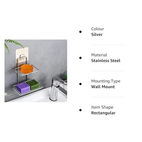 Image of ORJILO Wall Mounted Double Layer soap Dish Holder Stainless Steel Wall Hanging Soap Storage Rack for Kitchen Bathroom-with Self Adhesive Magic Sticker (Silver)