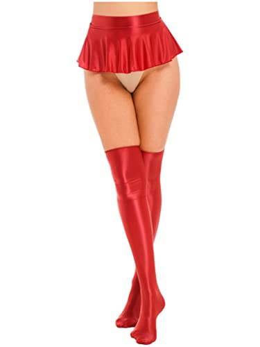 Sholeno Women Oily Glossy Mini Pleated Skirts Elastic High Waist Ruffle A-Line Mini Skirts