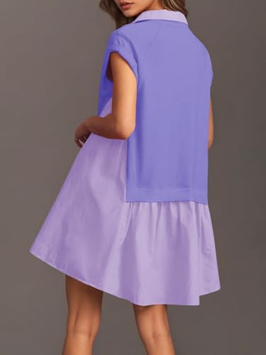 Fisoew Womens Summer Sweatshirt Dresses Short Sleeve V Neck Casual Oversized Patchwork Mini Dress Violet, Medium — view 3