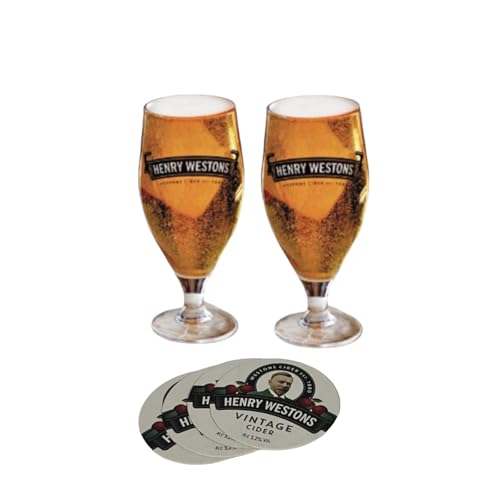 Laurie's Pub and Bar Accessories Henry Westons - Juego de 2 vasos de cerveza con 4 alfombrillas de cerveza, 57 cl