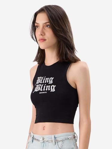 Image of The Souled Store Official Mean Girls: Bling Bling Women and Girls Sleeveless Round Neck Black Graphic Printed Slim Fit Cotton Tank Tops