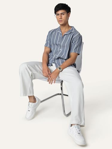 Image of Urbano Fashion Men's Cotton Half Sleeve Relaxed Fit Linen Striped Shirt with Cuban Collar