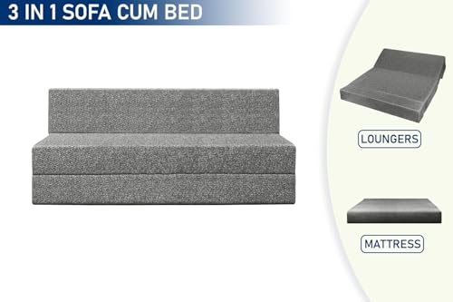 Image of Foldable Three Seater Sofa Cum Bed, Sofa Bed 5X6 Feet, Jute Fabric- Washable Cover- Including 3 Printed Cushion Perfect for Home & Office - Grey