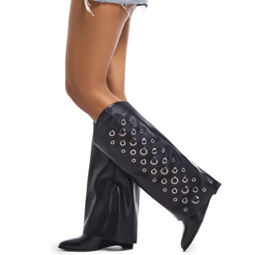 Women's Fold Over Knee High Boots with Holes Design Covered Wedge Heel Wide Calf Pull On Boots With Side Zipper2