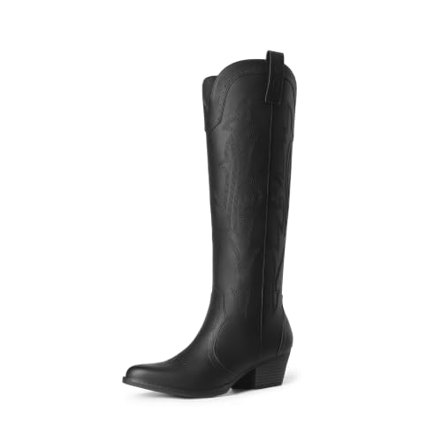 Image of DREAM PAIRS Women's Embroidered Western Pull-On Knee-High Cowboy Boots
