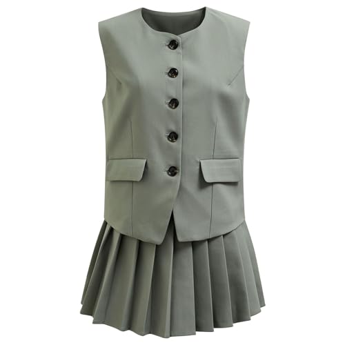 CHICWISH Women Summer 2 Piece Outfits Button Down V Neck Sleeveless Vest Blazer Waistcoat and Pleated Mini Dress Set