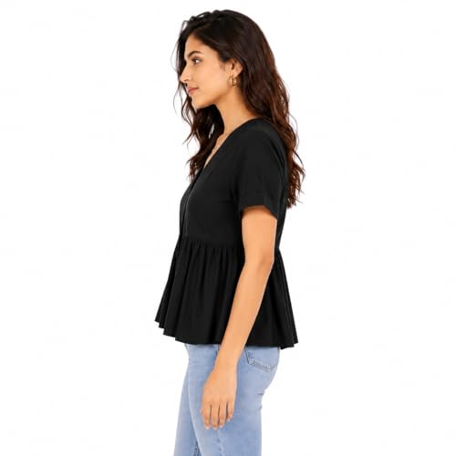 Image of Women's Black Button-Front Peplum Top - Short Sleeve V-Neck Casual Blouse, Lightweight Rayon Cotton, Everyday Wear, Summer & Work Outfit