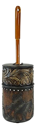 Image of Ebros Gift Rustic Western Country Cowboy Riding Horses Silhouette with Floral Gold Patterns in Faux Tooled Leather Finish Toilet Brush and Sanitary Holder Set Bathroom Accent