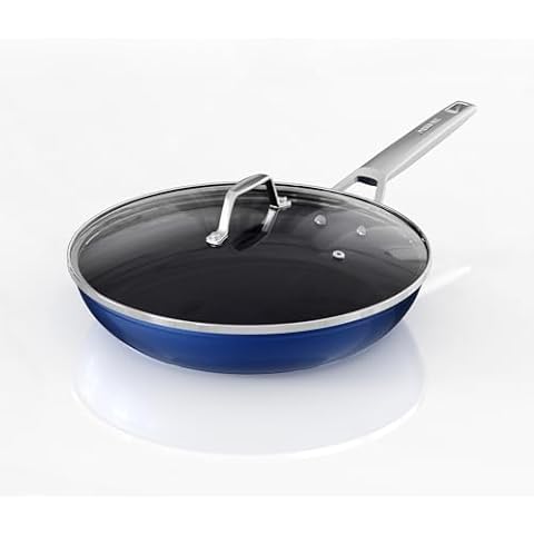 MsMk Frying pans nonstick with lid Blue, 10-inch Durable skillet, Titanium and Diamond Non Stick Non-Toxic Coating From USA, Even Heating, Easy Clean-Up, Comfortable Handle, Induction Compatibility Cover