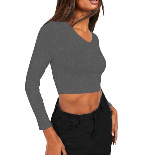Image of THE BLAZZE Women's Cotton Solid Stretchable Deep V Neck Full Sleeve Regular Fit Stylish Crop Top T-Shirt for Women L528