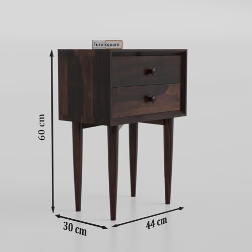 Image of Solid Sheesham Wood Bedside Table for Bedroom | Handmade Pure Wooden Bed Side Nightstand End Table with 2 Drawer Storage for Home & Bed Room | Rosewood, Walnut Finish