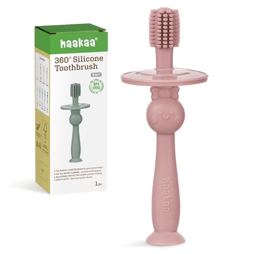 Image of haakaa 360° Baby Toothbrush with Suction Base - Gentle Cleaning for Infant Self-Brushing Training, Food-Grade Silicone, Adjustable Safety Shield - Blush (1 Piece)