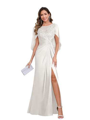 Women's Cape Sleeve Mother of The Bride Dresses Long Satin Lace Appliques Formal Dress for Wedding4