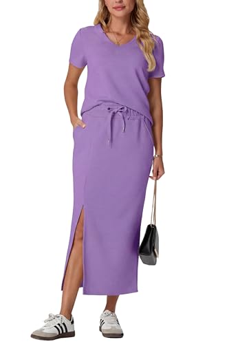 Image of GRECERELLE Women Summer Casual 2 Piece Sets V-Neck Wrinkle-Free Top & Elastic Waist Midi Side Slit Skirt with Pockets