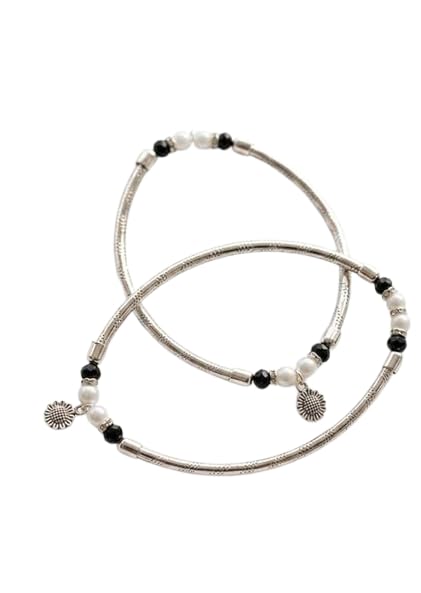 Sunflower Charm Anklets for Women Protective Black & White Bead Foot Jewelry with Glistening Metallic Finish Traditional Stylish Payal Pair for Positive Energy & Daily Wear 2 Pcs-image-14