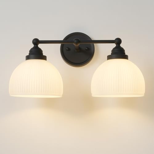 Image of 2-Lights Milk White Glass Wall Sconce Lighting Brass Finished, Double Arm Bathroom Vanity Light Fixture for Bedroom Living Room Dining Room Hallway