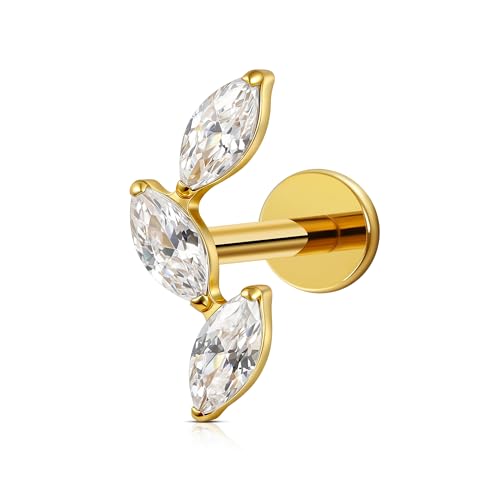 FINE4U 16G CZ Cluster Climber Cartilage Earring for Helix, Tragus - ASTM F136 Titanium Triple Marquise Labret Stud, Screw on Gold Plated Nickel Free Flat Back Jewelry(White CZ)