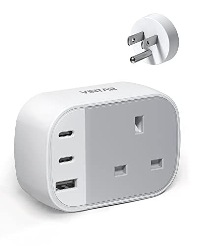 UK to US Plug Adaptor, VINTAR USA Travel Adapter with 2 USB C 1 USB A Ports, UK to USA Plug Adapter