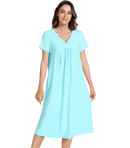 Image of NACHILA Bamboo Viscose Nightgowns for Women Short Sleeve V Neck Sleepwear