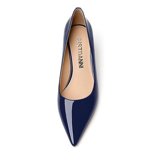 JUSTDANNI Womens Pointed Toe Slip On Patent Formal Fashion Office Kitten Low Heel Pumps Shoes 1.5 Inch3