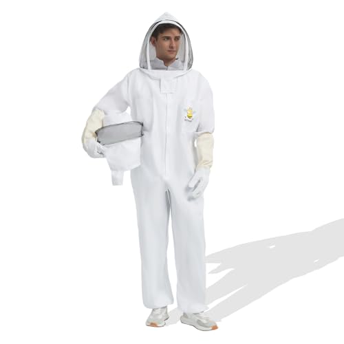 Professional Beekeeping Suit for Men & Women - Full Bee Suit with Sheepskin Gloves, 2 Ventilated Fencing Veil Hoods, Durable & Breathable Design - Beekeeper Protective Gear (L)