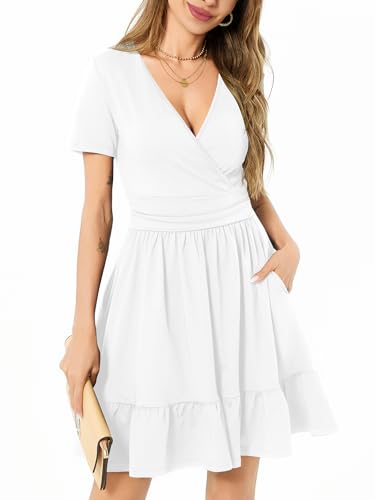 Image of Women's Fashion Summer Causal Short Sleeve Dress V Neck Beach Party Dresses with Pockets