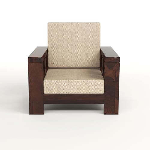 Image of Solid Sheesham Wood Single Seater Sofa Chair for Living Room - Single Sofa Chair Wooden Sofa Single Seater with Comfortable Cushion Seating (Walnut, Haney 1 Seater)
