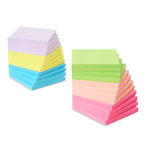 Amazon Basics - Foglietti Adesivi Standard, 24 Blocchi, Blocchi per Appunti Autoadesivi, Colori Pastello Assortiti, 7,6cm x 7,6cm