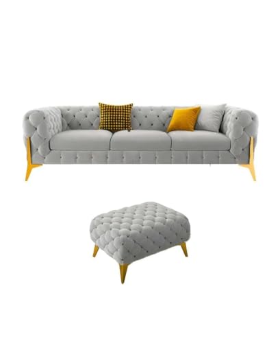 Image of Chesterfield Velvet Upholstery 3-Seater with Armchair and Footrest, Design in 3+1+Footrest Sofa for Living Room, Bedroom, Hallways (Light Grey)