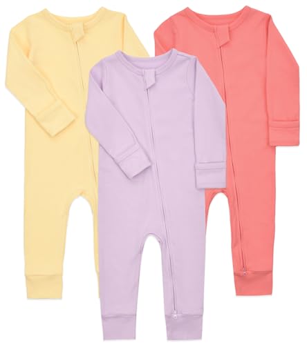 Image of Aablexema Baby Cotton Footless Pajamas with Mitten, 3-pack Infant Romper Zip Up One Piece Jumpsuits Outfit