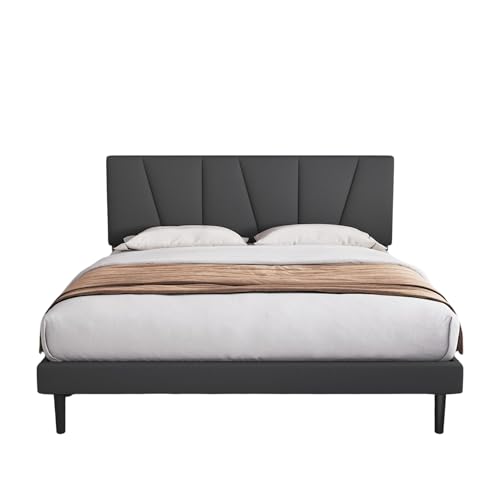 Image of Wooden Upholstered Bed King Size Without Storage | Wrought Iron King Size Cot with Headboard | Double Size Bed for Bedroom | Palang Furniture for Guest Room, Dark Grey, (Dark Grey)