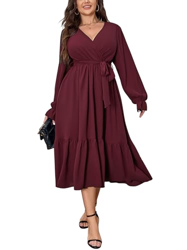 SCOMCHIC Womens Plus Size Wedding Guest Dresses Long Sleeve Faux Wrap V Neck Belted A-Line Flowy Maxi Cocktail Dress