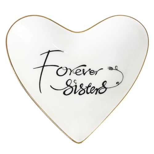CHOOLD Ceramic Heart Shape Ring Dish Jewelry Tray Trinket Holder Home Decor for Wedding Birthday Valentine Day - Forever Sisters - 4 Inch