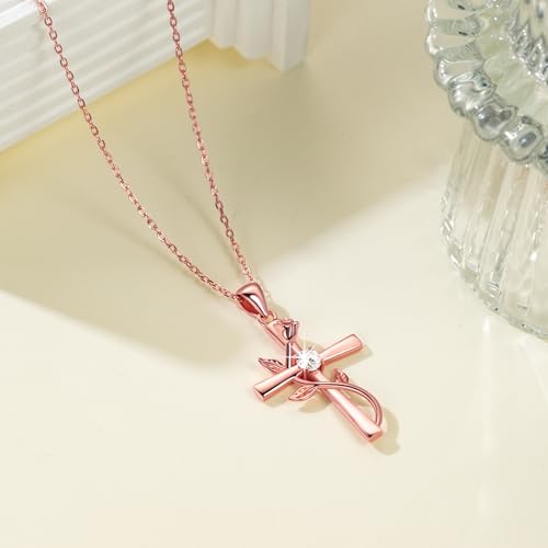 BlingGem Cross Necklace for Women Sterling Silver Cross Necklaces Pendant White/Rose/Gold Plated Cubic Zirconia Flower Necklace Gifts for Women2