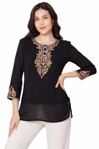 Image of HAUTEMODA Women Cotton Floral Embroidered Short Kurti, Tunic, Three-Fourth Sleeves, White