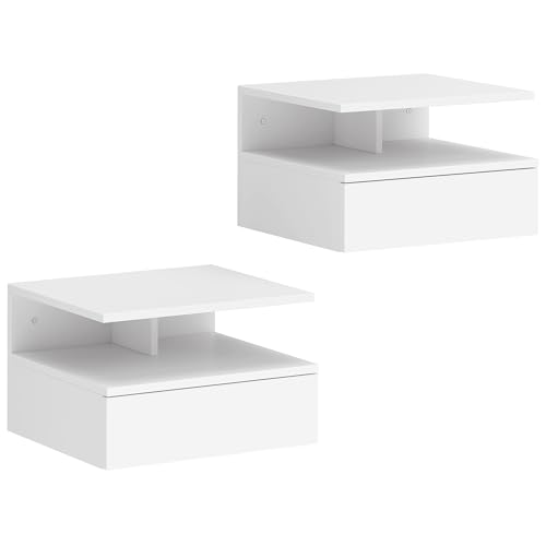 HOMCOM Juego de 2 Mesitas de Noche Flotantes, Mesillas de Noche Dormitorio con Cajón, Estante Abierto, Ahorra Espacio, Diseño Moderno, para Sala de Estar, 35x32x22,5 cm, Blanco