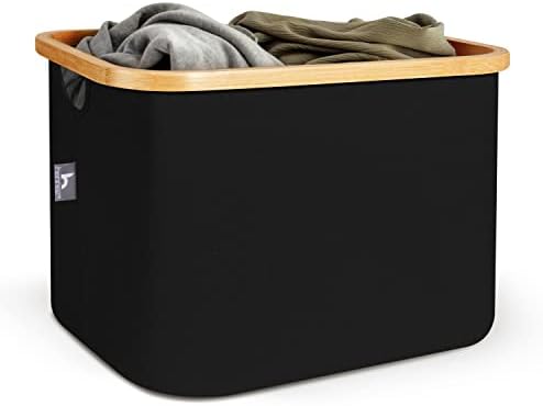 HENNEZ Canvas Kallax Storage Boxes for Shelves - Foldable Laundry Basket Kallax Insert - Collapsible Wardrobe Storage Box Towel Storage Baskets for Linen Toy Cube Storage Box Organiser, Bamboo Handles