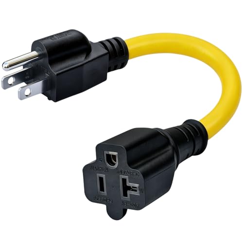 1-Foot 15 Amp Household AC Plug to 20 Amp T Blade Adapter Cable14AWG 1-Foot 15 A to 20 A Plug Adapter Cord Nema 5-15P to 5-15R/5-20R 20Amp Comb AC Power Cord Yellow