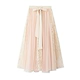 Oaovo Women's Casual A-Line Elastic Waist Bow Tie Lace Embroidered Skirts Multi-Layer Mesh Tulle Skirt Beige