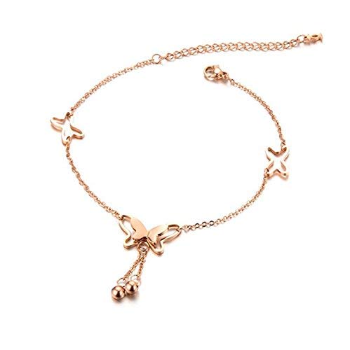 Adecco LLC Butterfly Tassel Rose Gold Titanium Steel Chain Barefoot Sandals Ankle Bracelet (Rose Gold)