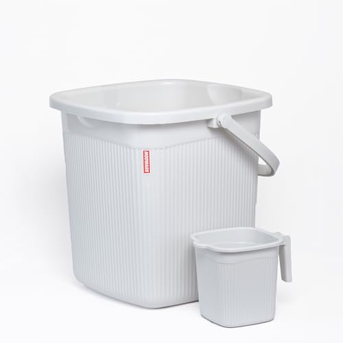 Image of Modware Square Ribbon Plastic Bucket Set with Mug | 18L Brown Bathroom Bucket with Handle + 1L Mug | Heavy-Duty Polypropylene + Co-Polymer | Stylish & Durable Bath Set (White)