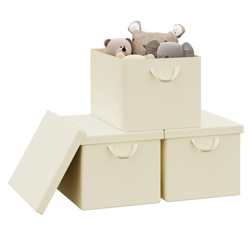 WOLTU Aufbewahrungsbox mit Deckel 3 Stück, aus Polyesterstoff, für Schlafzimmer, Arbeitszimmer, Wohnzimmer, Organizer Box mit Griffen, für Kleidung Spielzeug, faltbar, Creme, 48x36x30 cm
