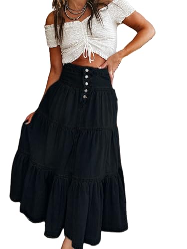 Women Spring Summer Denim Maxi Skirt High Waist Button Tiered Ruffle Swing A-Line Jean Long Skirt Club Streetwear