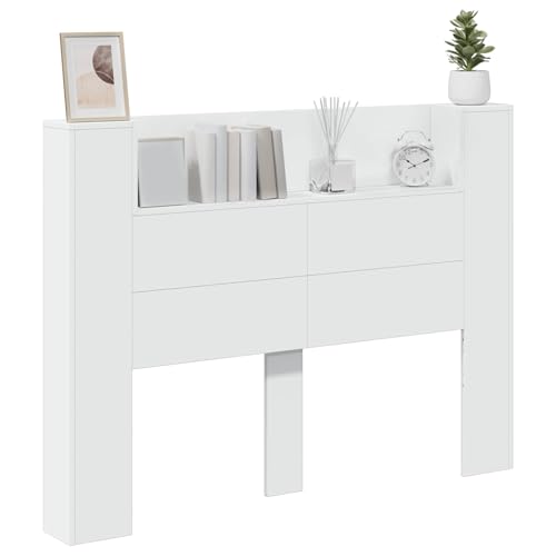 vidaXL Cabinet de Tête de Lit avec LED Blanc 140 x 16,5 x 103,5 cm, Mobilier Moderne, Dossier rectangulaire avec étagères, éclairage LED, Design épuré,...