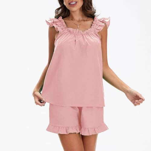 Image of ROAONOCOMO Women Floral Pajama Set Ruffle Babydoll Cami Top Coquette Pj Set Gingham 2 Piece Shorts Outfit Bridal Loungewear